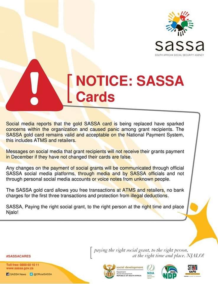 SASSA Notice on SASSA Card